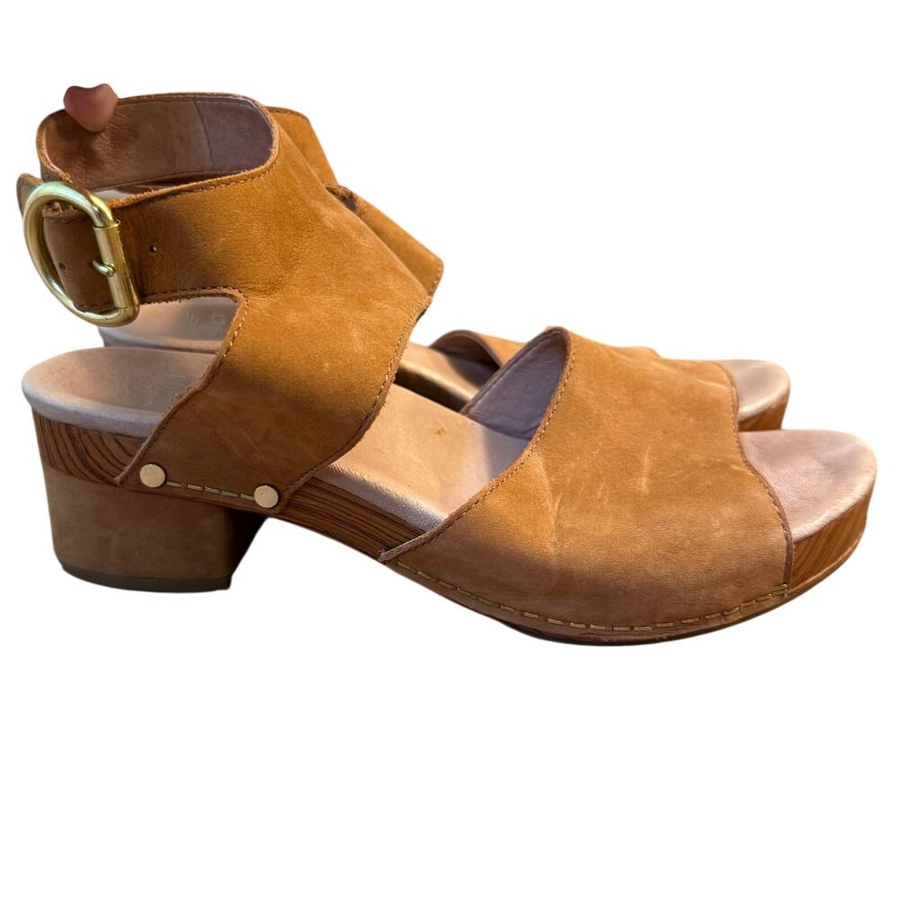 Dansko Minka Block Heel Sandals Leather Boho Buckle Wood-Style Tan Women’s 38